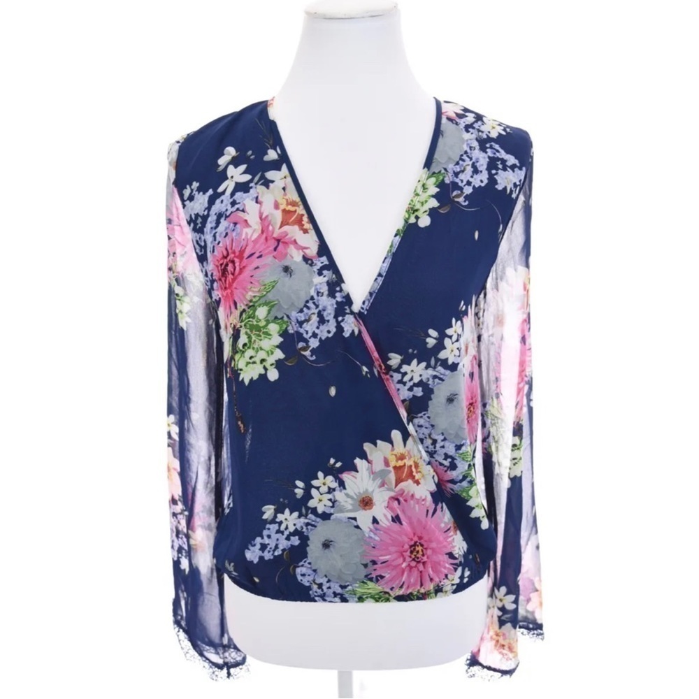 Forever 21 Womens Blue Floral Print Faux Wrap Top Bell Sleeves Semi-Sheer Sz L